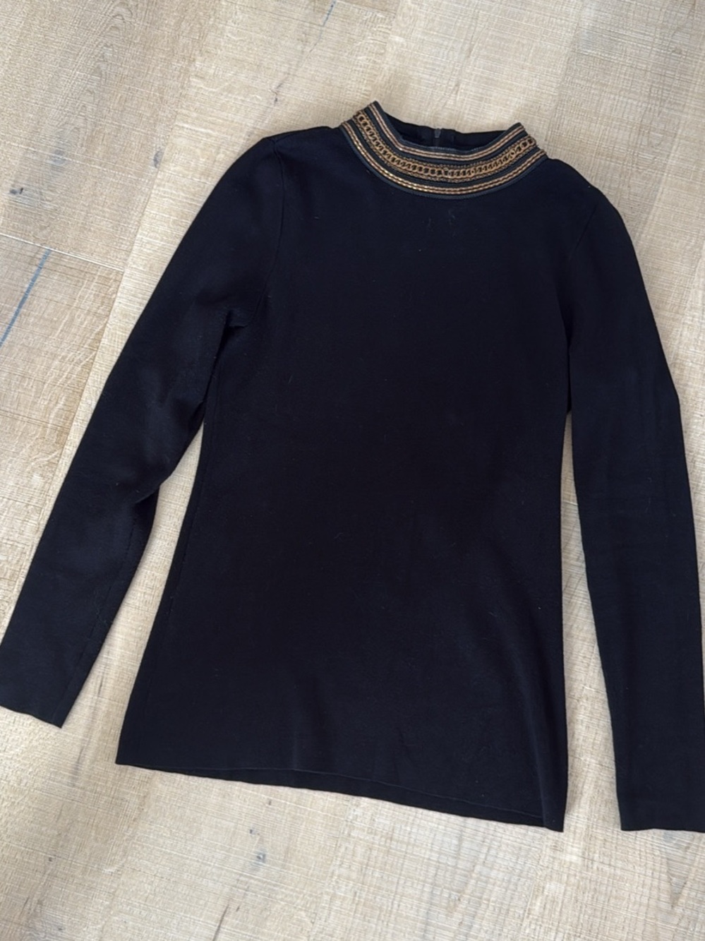 INC International Concepts Black Long Sleeve Mock Neck Top with Gold Trim